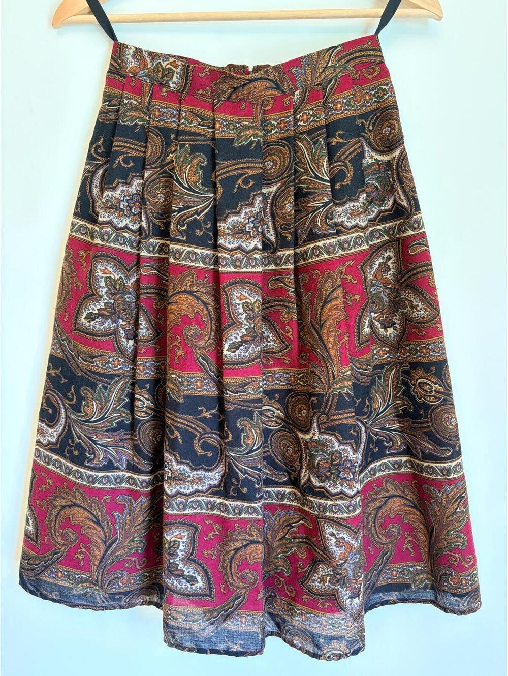 Vintage St. Michael Paisley Wool Blend Pleated Midi Skirt Made in Canada Size 10